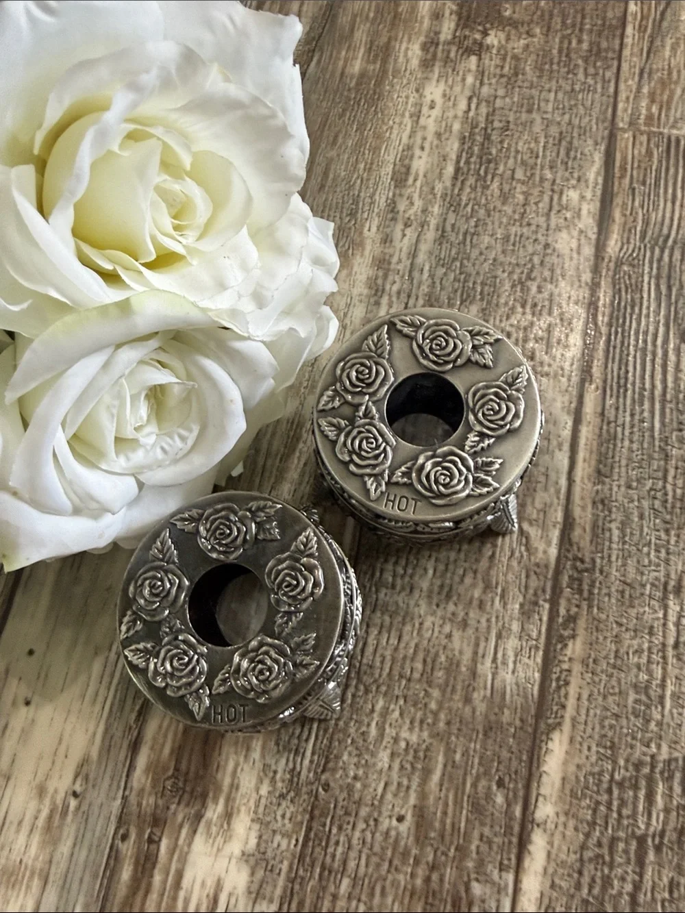 🌟VINTAGE 🌟Pewter Silver Rose Candle Holder, SET 2